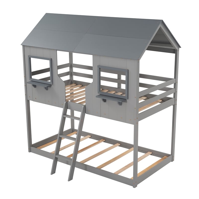 CRO Decor Twin Over Twin Bunk Bed Wood with Roof Window Guardrail Ladder (Gray)