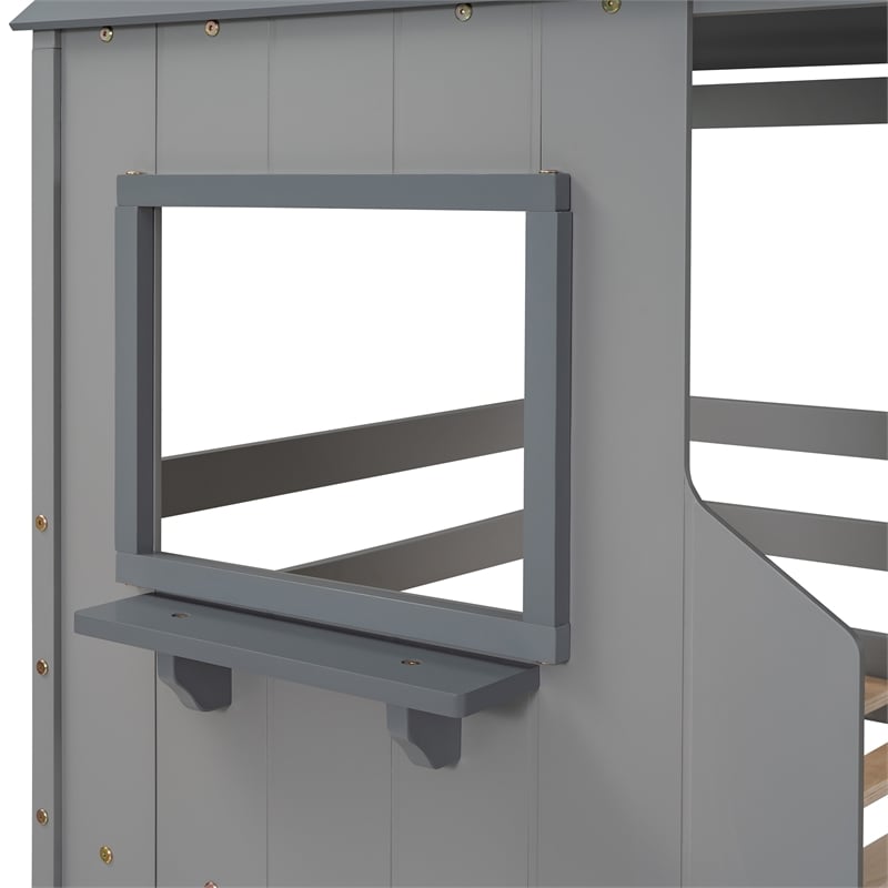 CRO Decor Twin Over Twin Bunk Bed Wood with Roof Window Guardrail Ladder (Gray)