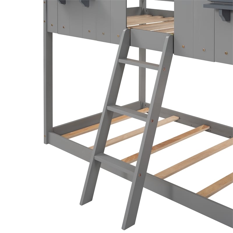 CRO Decor Twin Over Twin Bunk Bed Wood with Roof Window Guardrail Ladder (Gray)
