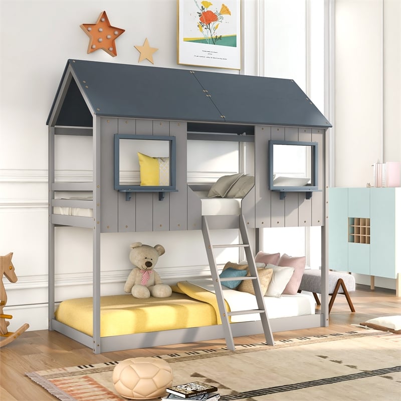 CRO Decor Twin Over Twin Bunk Bed Wood with Roof Window Guardrail Ladder (Gray)