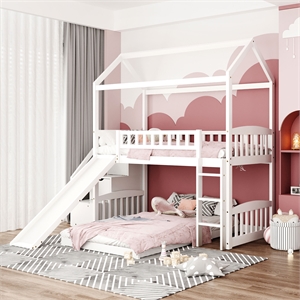 cro decor twin over twin bunk bed with two drawers and slide house bed  (white)
