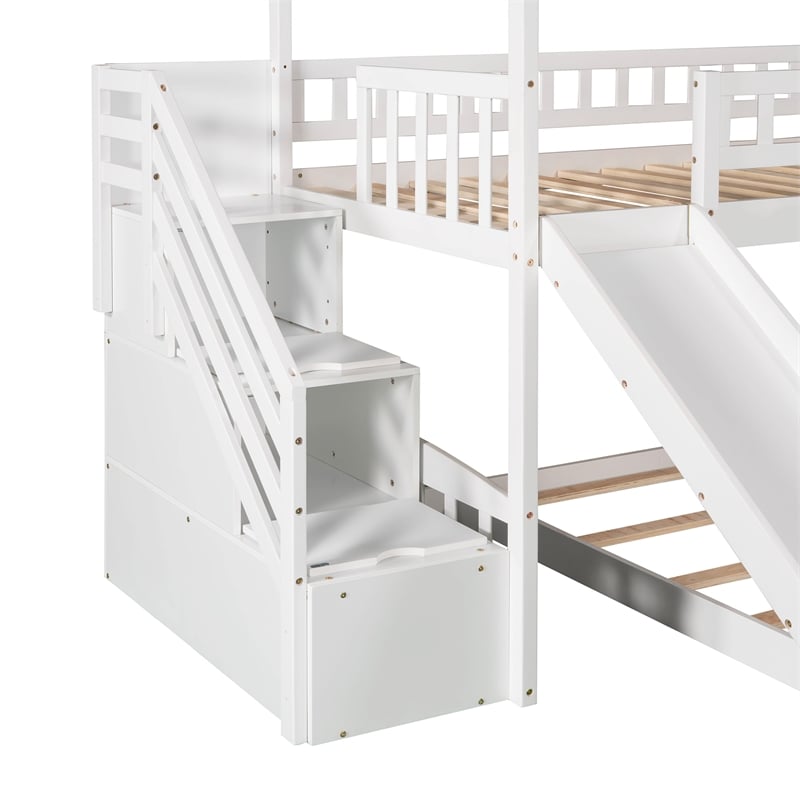 CRO Decor Twin Over Twin Bunk Bed with Two Drawers and Slide House Bed  (White)