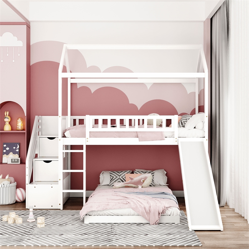 CRO Decor Twin Over Twin Bunk Bed with Two Drawers and Slide House Bed  (White)