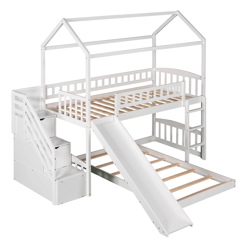 CRO Decor Twin Over Twin Bunk Bed with Two Drawers and Slide House Bed  (White)