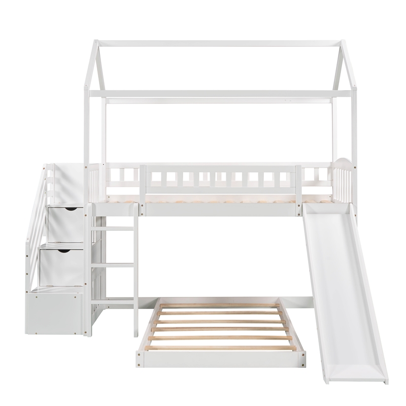 CRO Decor Twin Over Twin Bunk Bed with Two Drawers and Slide House Bed  (White)