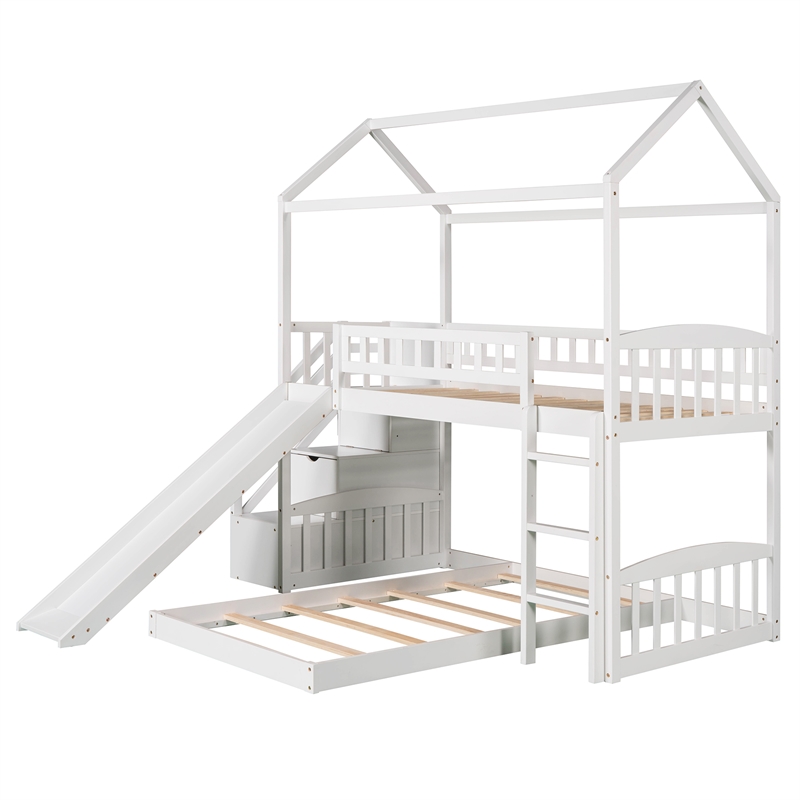 CRO Decor Twin Over Twin Bunk Bed with Two Drawers and Slide House Bed  (White)