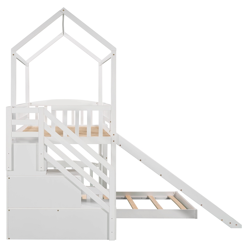 CRO Decor Twin Over Twin Bunk Bed with Two Drawers and Slide House Bed  (White)