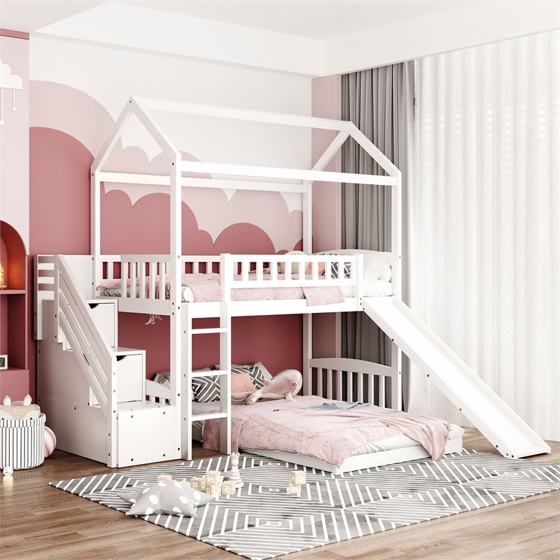 CRO Decor Twin Over Twin Bunk Bed with Two Drawers and Slide House Bed  (White)