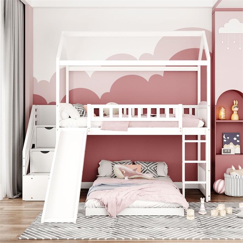 CRO Decor Twin Over Twin Bunk Bed with Two Drawers and Slide House Bed  (White)