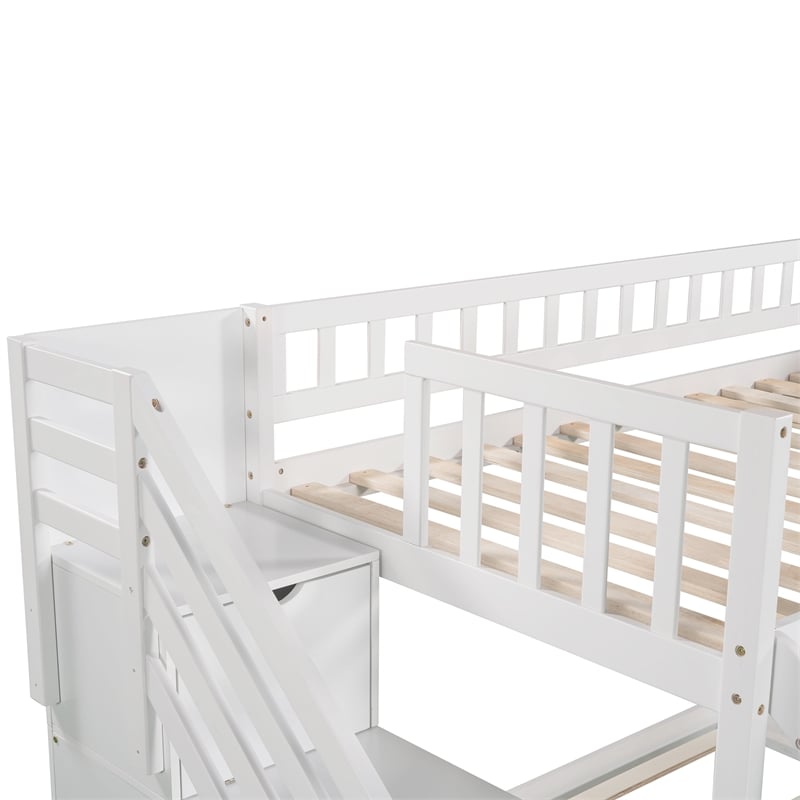 CRO Decor Stairway Twin over Twin Bunk Bed with Two Drawers and Slide (White)