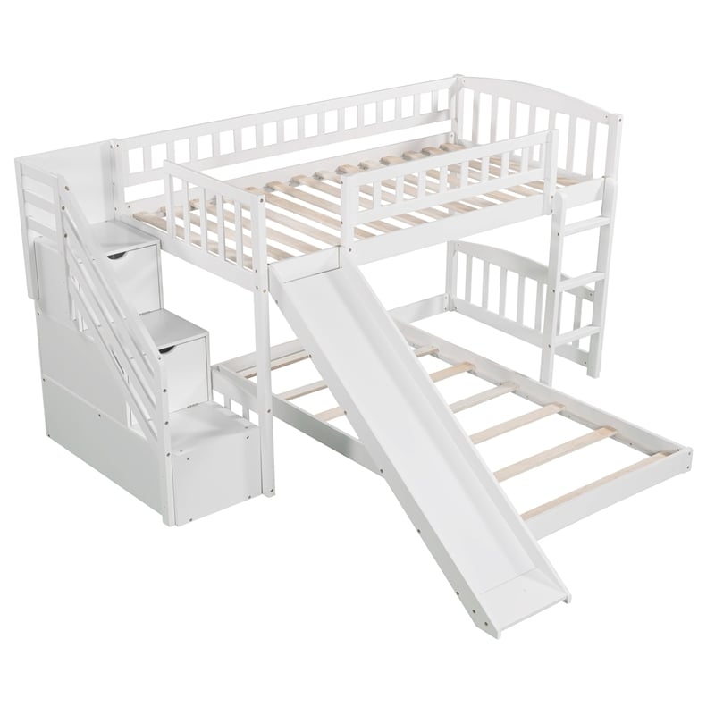 CRO Decor Stairway Twin over Twin Bunk Bed with Two Drawers and Slide (White)