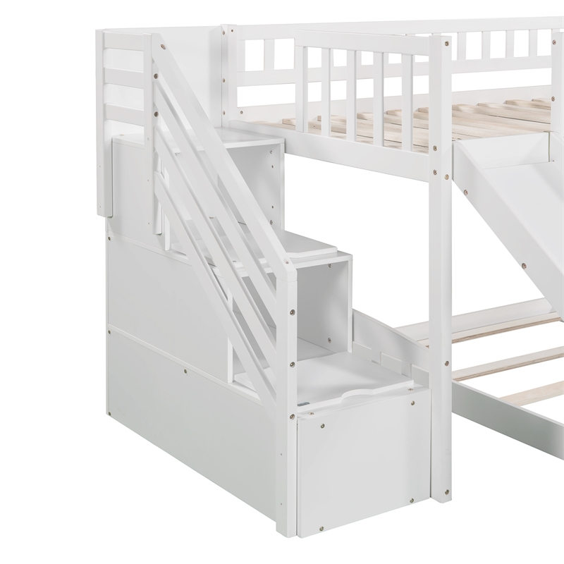 CRO Decor Stairway Twin over Twin Bunk Bed with Two Drawers and Slide (White)