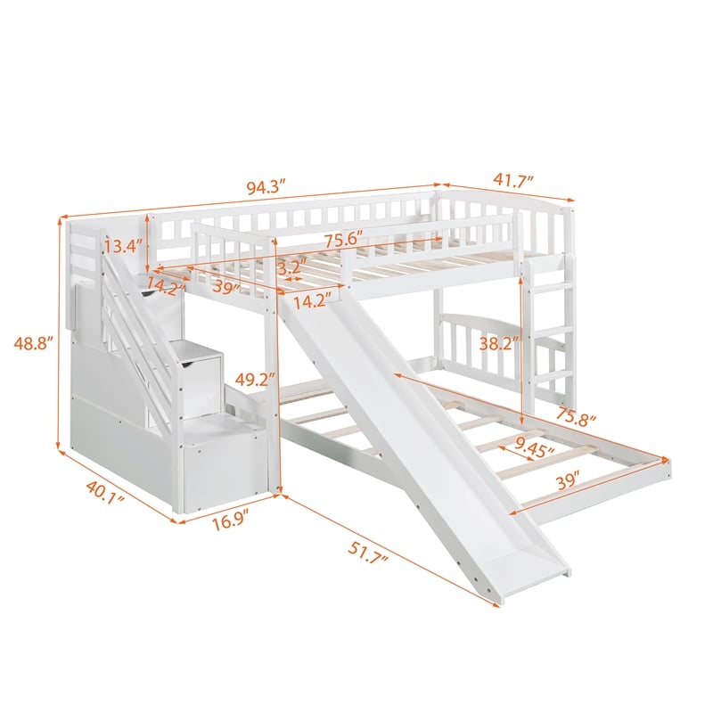 CRO Decor Stairway Twin over Twin Bunk Bed with Two Drawers and Slide (White)