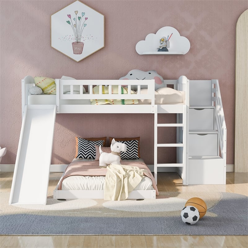 CRO Decor Stairway Twin over Twin Bunk Bed with Two Drawers and Slide (White)
