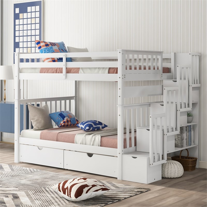 CRO Decor Full Over Full Bunk Bed with Shelves and 6 Storage Drawers (White)