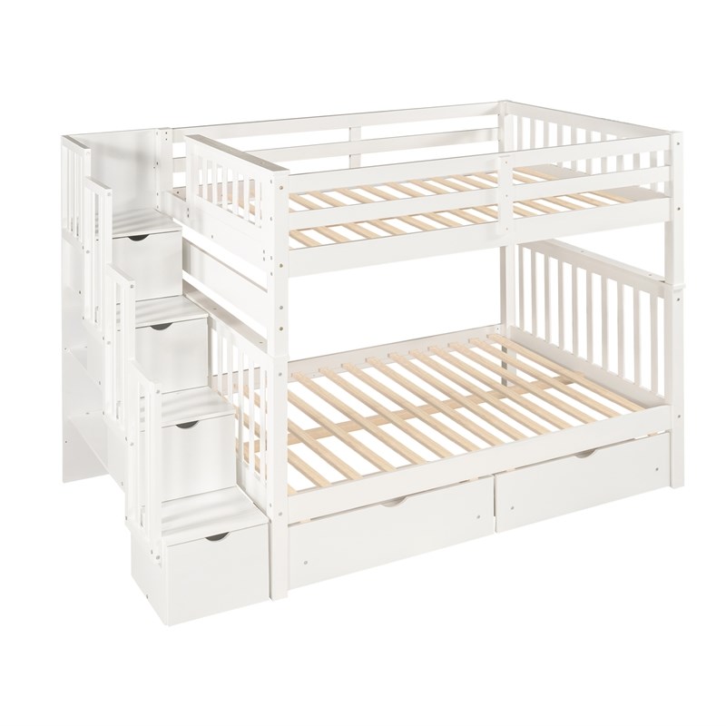 CRO Decor Full Over Full Bunk Bed with Shelves and 6 Storage Drawers (White)