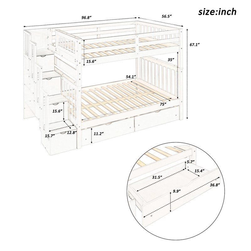 CRO Decor Full Over Full Bunk Bed with Shelves and 6 Storage Drawers (White)