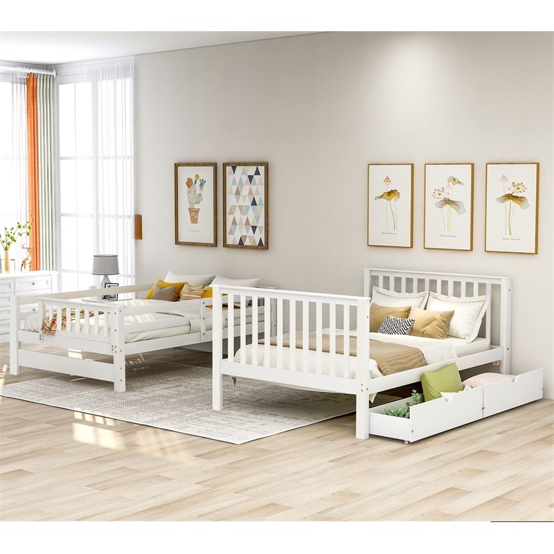 CRO Decor Full Over Full Bunk Bed with Shelves and 6 Storage Drawers (White)