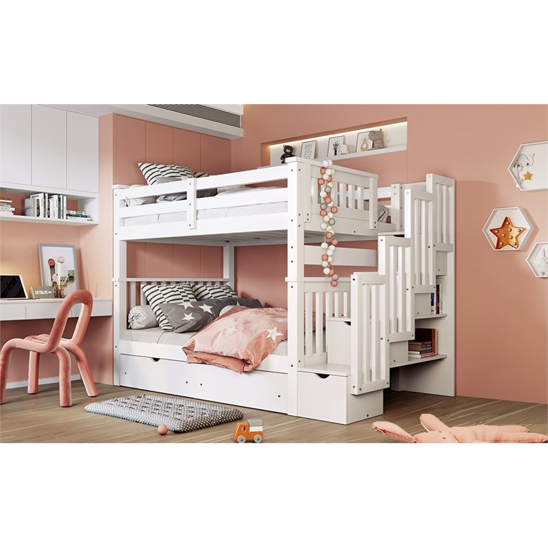 CRO Decor Full Over Full Bunk Bed with Shelves and 6 Storage Drawers (White)