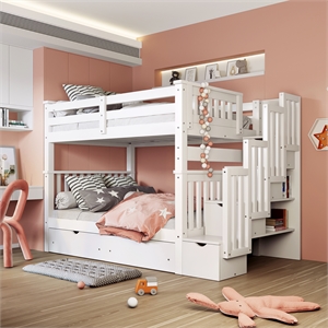 cro decor full over full bunk bed with shelves and 6 storage drawers (white)