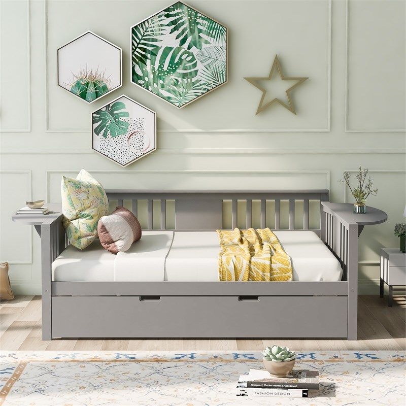 CRO Decor Full size Daybed with Twin size Trundle Wood Slat Support (Gray)