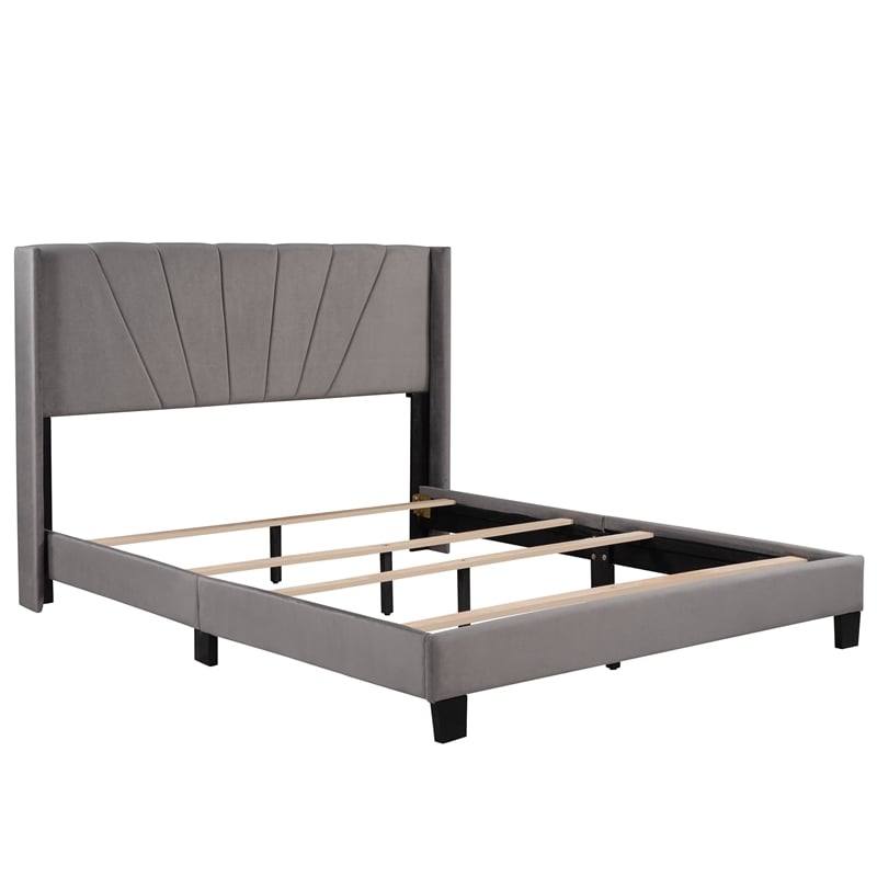 CRO Decor Queen Size Velvet Upholstered Platform Bed (Box Spring Needed) - Gray