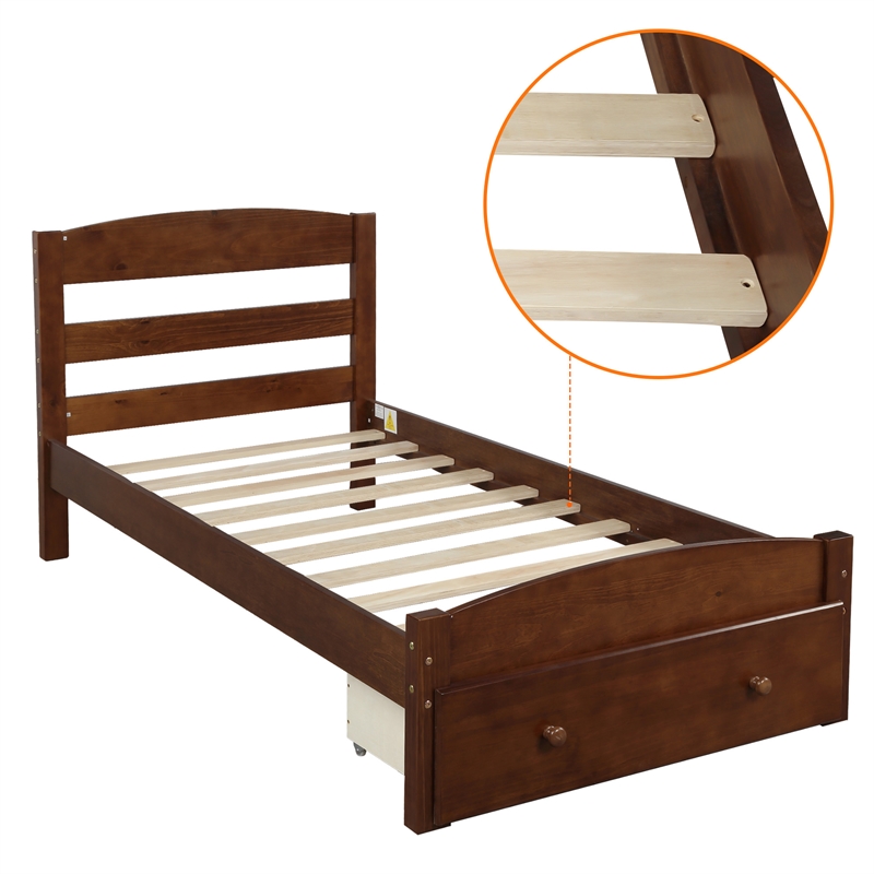 CRO Decor Wood Platform Twin Bed Frame with Storage Drawer (Walnut)