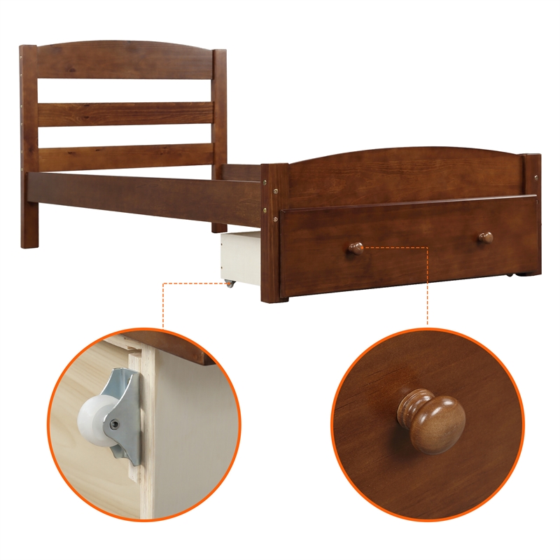 CRO Decor Wood Platform Twin Bed Frame with Storage Drawer (Walnut)