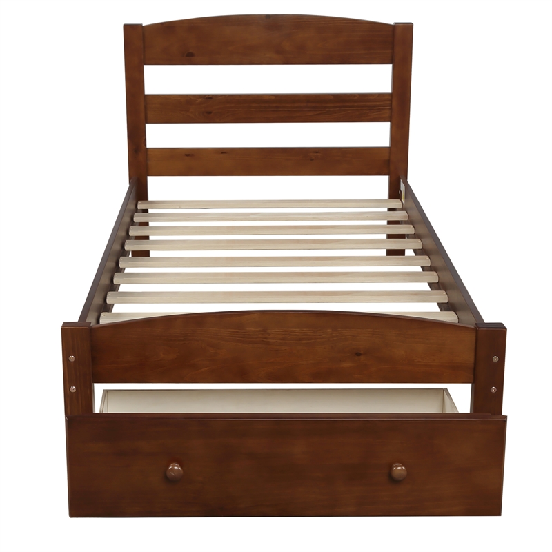 CRO Decor Wood Platform Twin Bed Frame with Storage Drawer (Walnut)