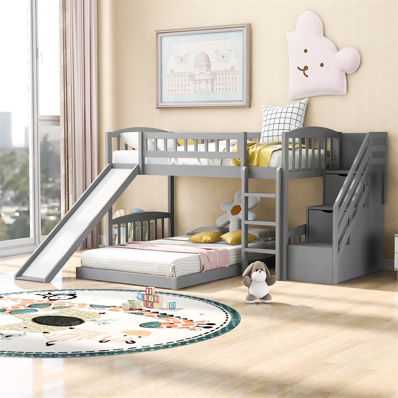 CRO Decor Stairway Twin over Twin Bunk Bed with Two Drawers and Slide -Gray