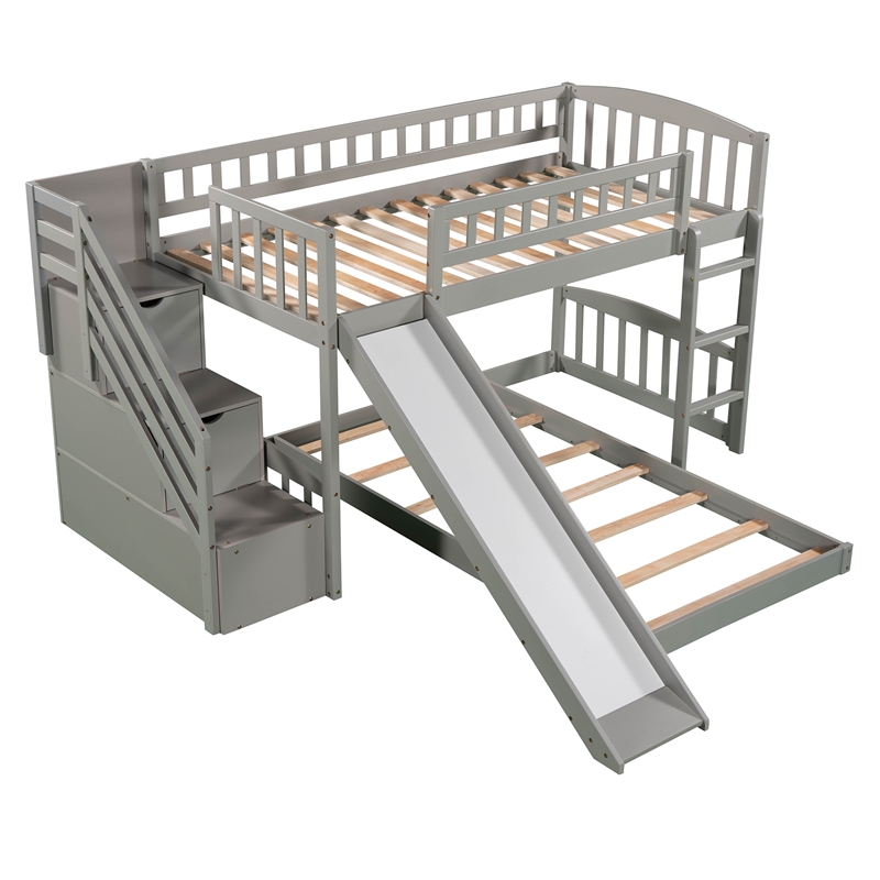 CRO Decor Stairway Twin over Twin Bunk Bed with Two Drawers and Slide -Gray