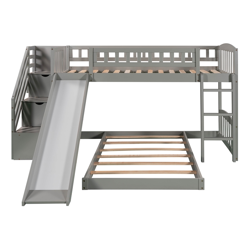 CRO Decor Stairway Twin over Twin Bunk Bed with Two Drawers and Slide -Gray