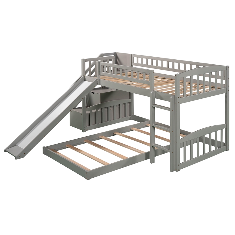 CRO Decor Stairway Twin over Twin Bunk Bed with Two Drawers and Slide -Gray