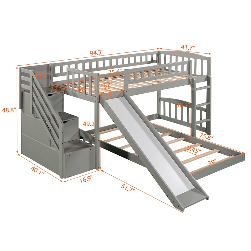 CRO Decor Stairway Twin over Twin Bunk Bed with Two Drawers and Slide -Gray