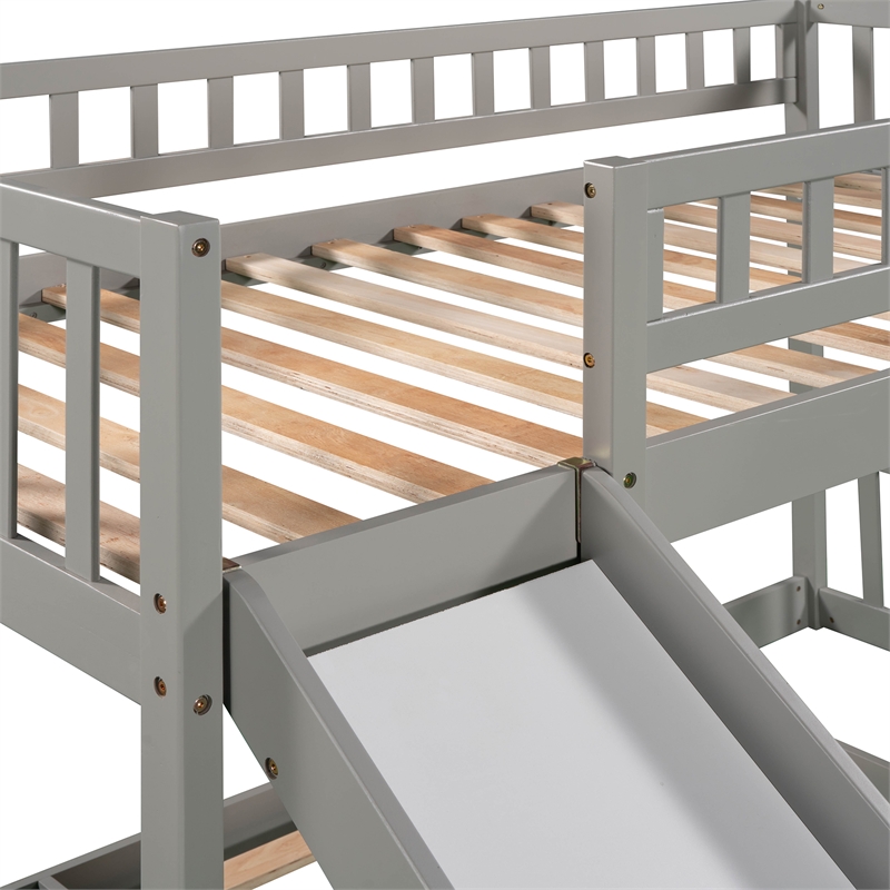 CRO Decor Stairway Twin over Twin Bunk Bed with Two Drawers and Slide -Gray