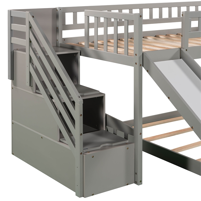 CRO Decor Stairway Twin over Twin Bunk Bed with Two Drawers and Slide -Gray
