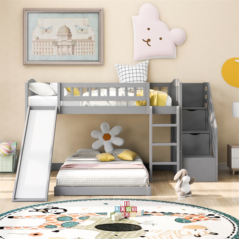 CRO Decor Stairway Twin over Twin Bunk Bed with Two Drawers and Slide -Gray