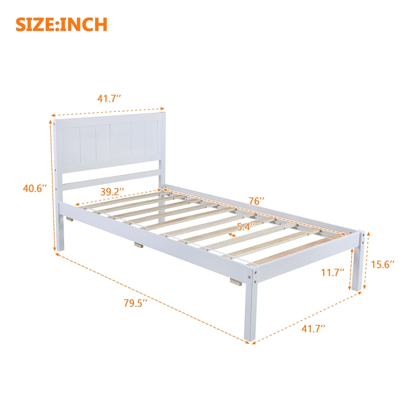 CRO Decor Wood Platform Bed Twin size Platform Bed with Headboard (White)