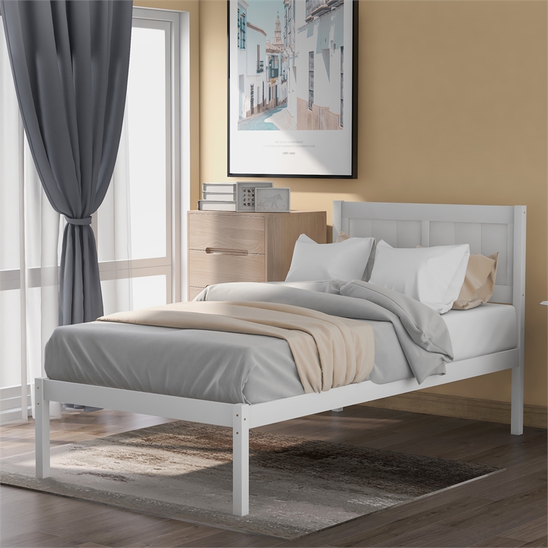CRO Decor Wood Platform Bed Twin size Platform Bed with Headboard (White)