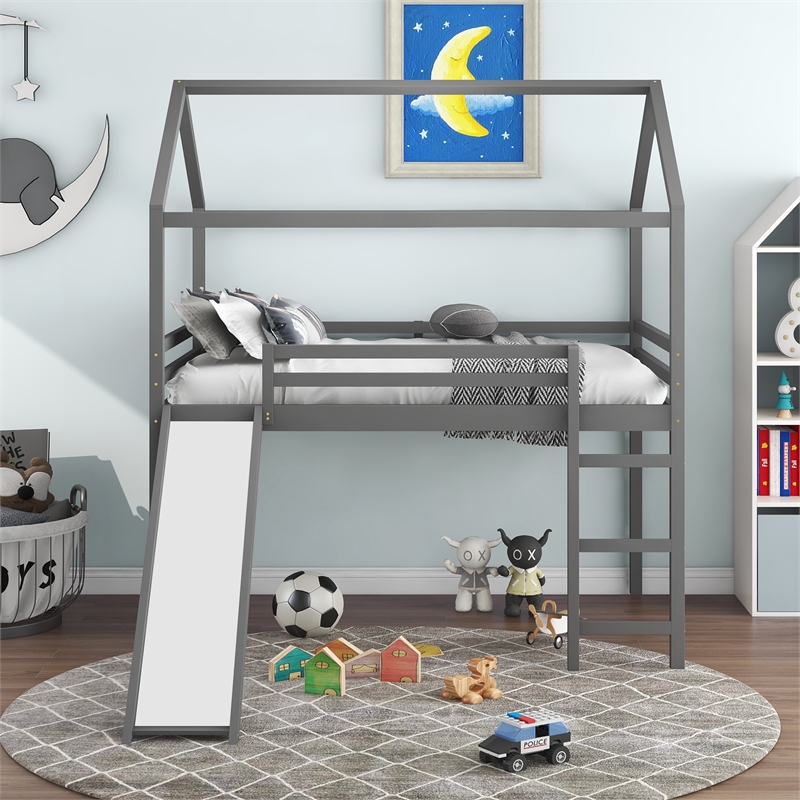 CRO Decor Full Size Loft Bed with Slide House Bed with Slide (Gray)