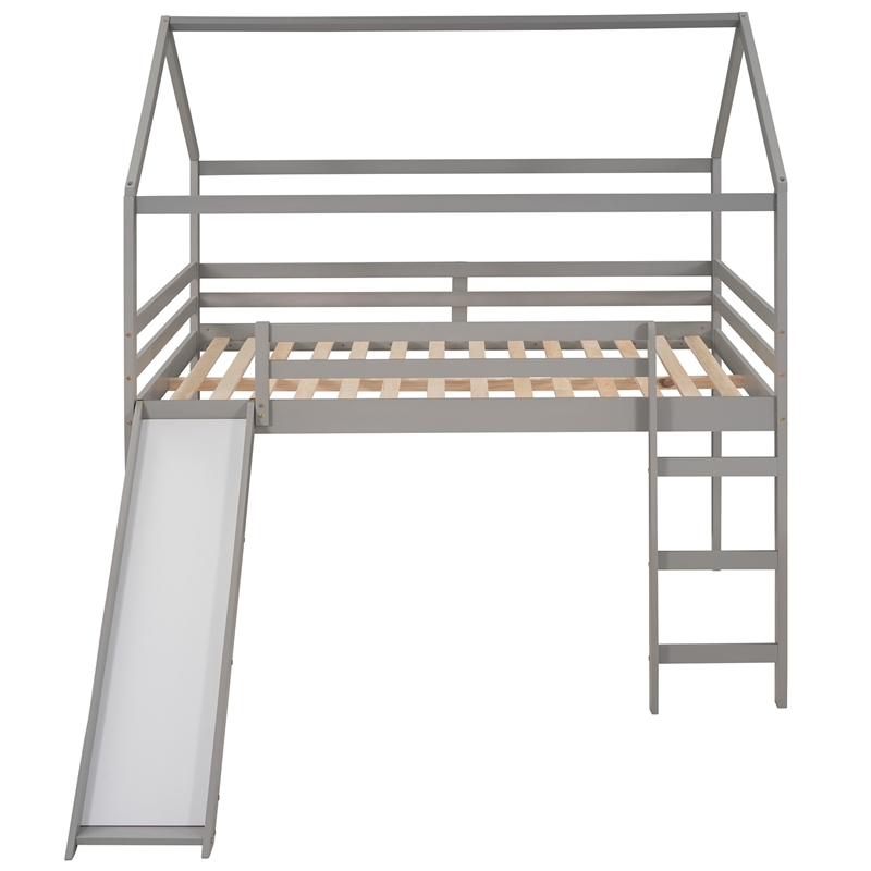 CRO Decor Full Size Loft Bed with Slide House Bed with Slide (Gray)