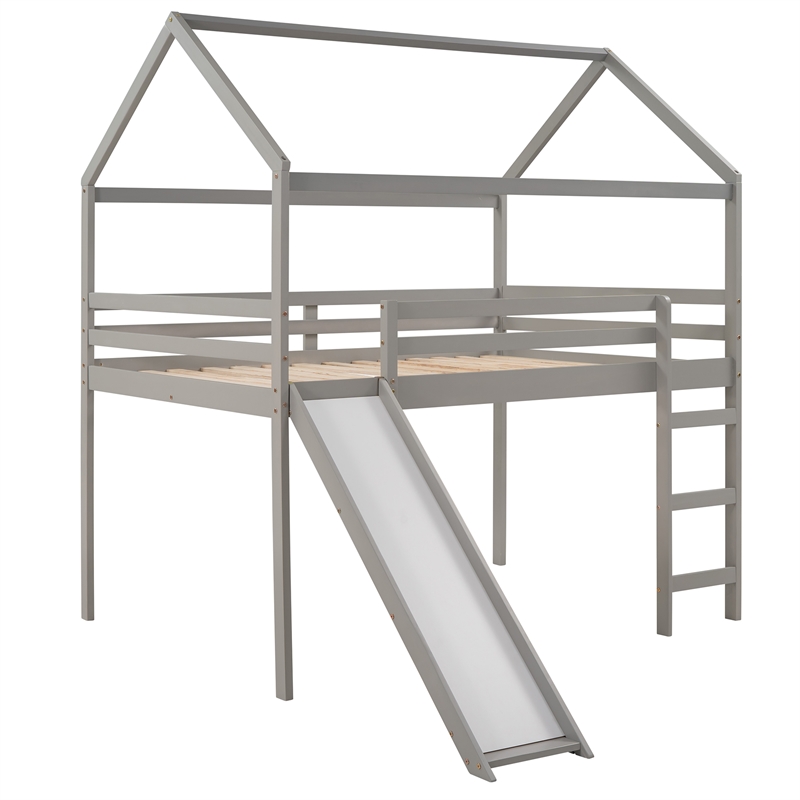CRO Decor Full Size Loft Bed with Slide House Bed with Slide (Gray)