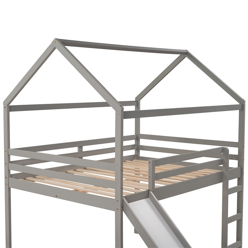 CRO Decor Full Size Loft Bed with Slide House Bed with Slide (Gray)