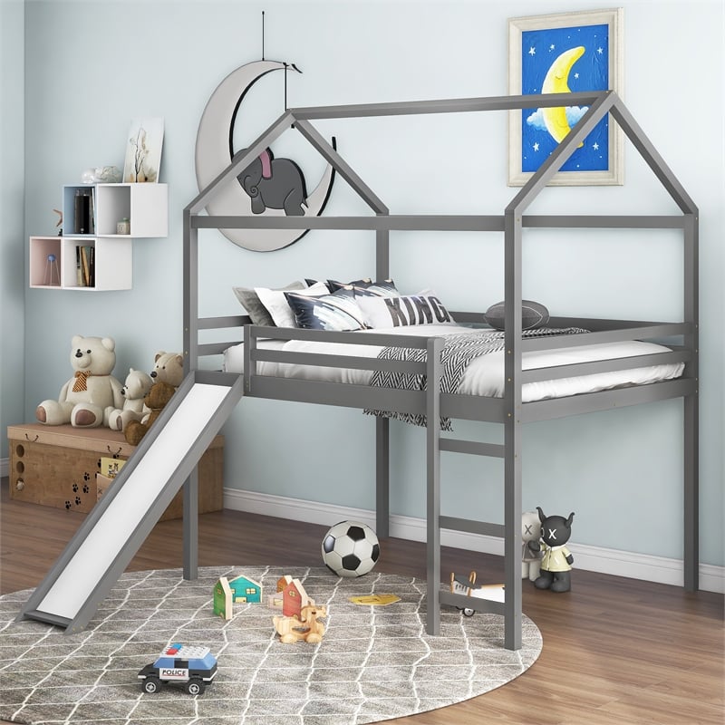 CRO Decor Full Size Loft Bed with Slide House Bed with Slide (Gray)