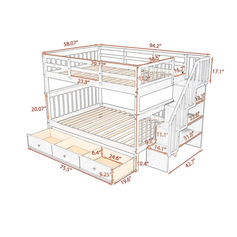 CRO Decor Stairway Full-Over-Full Bunk Bed with Drawer Storage (Gray)