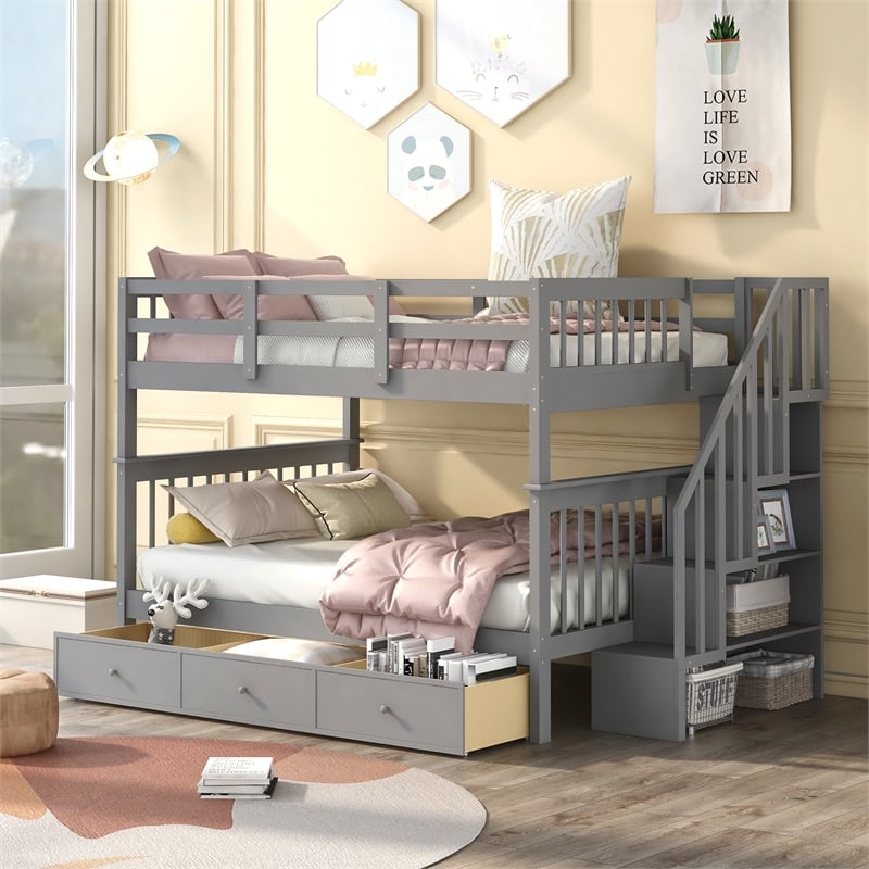 CRO Decor Stairway Full-Over-Full Bunk Bed with Drawer Storage (Gray)