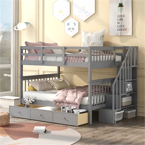 cro decor stairway full-over-full bunk bed with drawer storage (gray)