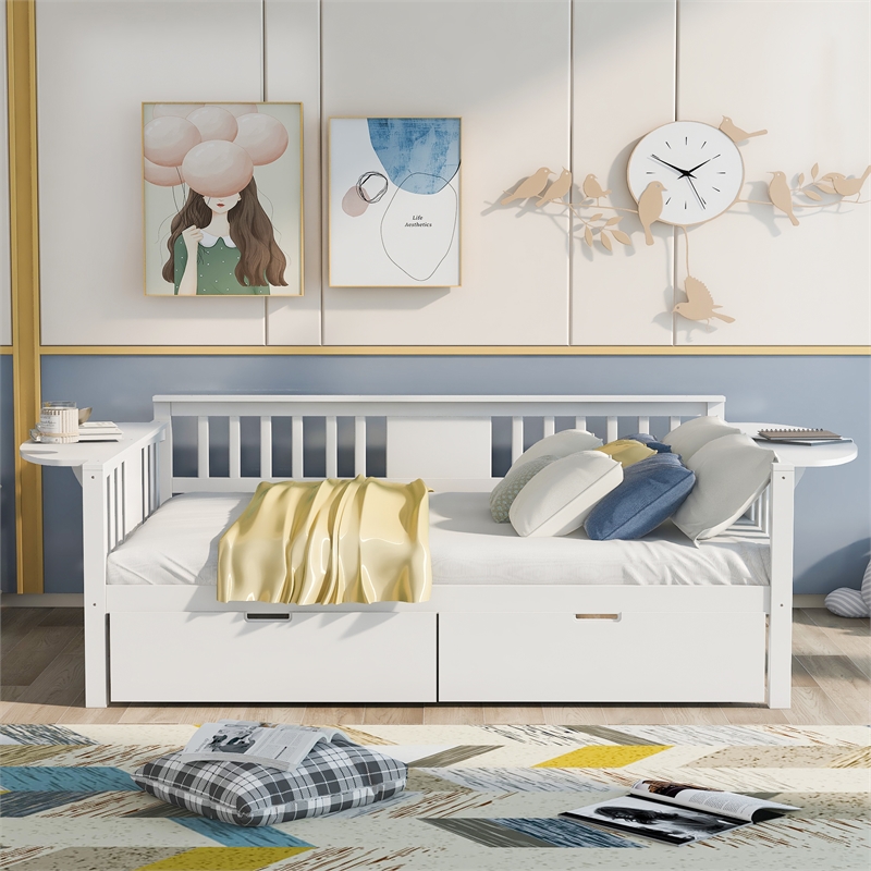 CRO Decor Full size Daybed with Two Drawers Wood Slat Support (White)