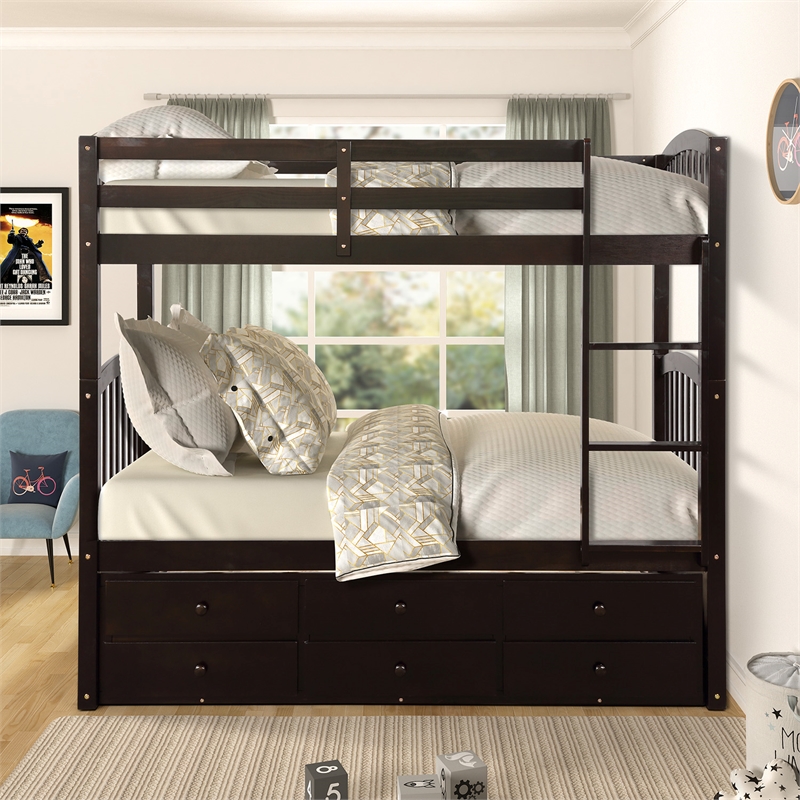 CRO Decor Twin Bunk Bed with Ladder Twin Trundle Bed with 3 Drawers (Espresso)