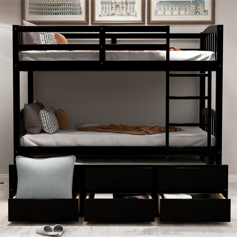 CRO Decor Twin Bunk Bed with Ladder Twin Trundle Bed with 3 Drawers (Espresso)
